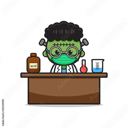 Cute frankenstein do science experiment cartoon icon illustration