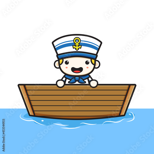 Cute sailor get on the boat cartoon icon illustration