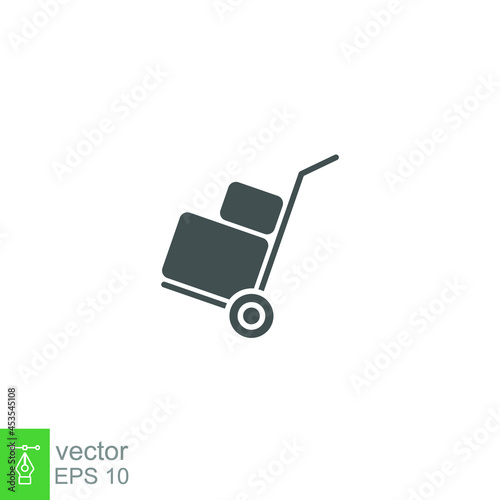 Box trolley glyph icon, move truck cargo carrier, bag cart delivery, flat luggage suitcase. Packaging Symbol. Moving hand truck with box Packages vector illustration design on white background. EPS 10