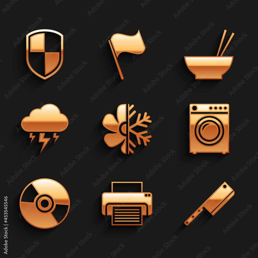 Set Air conditioner, Printer, Meat chopper, Washer, CD or DVD disk and Storm icon. Vector Set Air conditioner, Printer, Meat chopper, Washer, CD or DVD disk and Storm icon. Vector