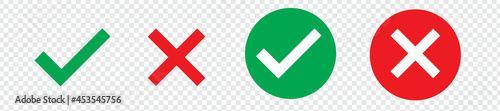 Green check mark, red cross mark icon set. Isolated tick symbols, checklist signs, approval badge. Flat and modern checkmark design, vector illustration