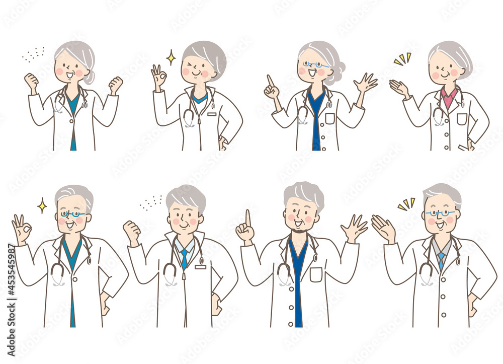 シニア医師と看護師と整体師の表情セット