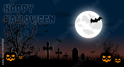 Happy Halloween banner for celebration. poster. landing page. Background. proverb,. haunted tomb silhouette. pumpkin. cross.