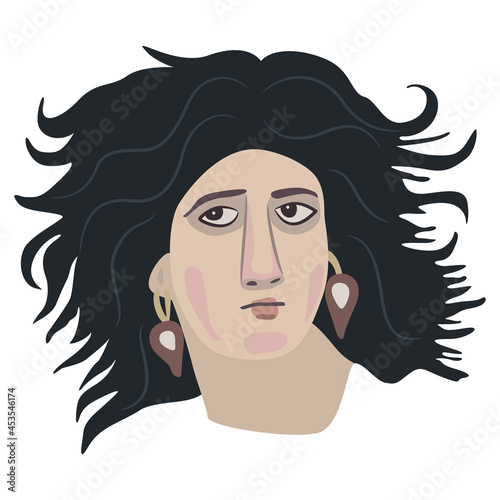 Stylized head of a beautiful woman. Lady with dark disheveled hair and earrings. Antique goddess or female character. Isolated vector illustration.