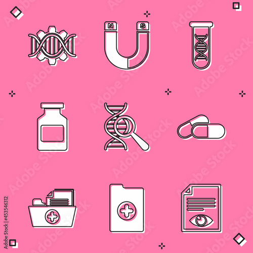 Set Genetic engineering, Magnet, DNA research, search, Medicine bottle, and pill or tablet icon. Vector