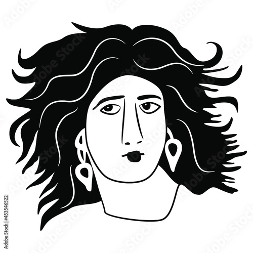 Stylized head of a beautiful woman. Lady with dark disheveled hair and earrings. Antique goddess or female character. Black and white silhouette.