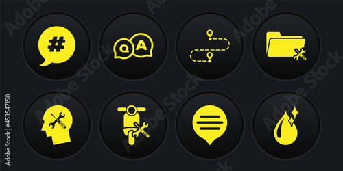 Set Human head service, Folder, Scooter, Speech bubble chat, Route location, Question and Answer, Clean water drop and Hashtag speech icon. Vector