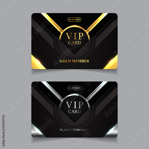 Vector VIP golden and platinum business card. Black geometric pattern background with premium design. Luxury and elegant graphic print template layout for vip member