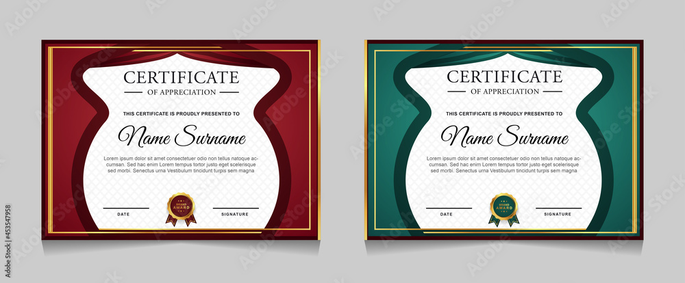 Fototapeta premium Certificate of achievement border design templates with elements of luxury gold badges and modern line patterns. vector graphic print layout can use For award, appreciation, education