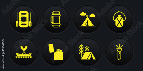 Set Rafting boat, Canteen water bottle, Lighter, Tourist tent, with flag, Thermos container, Flashlight and icon. Vector