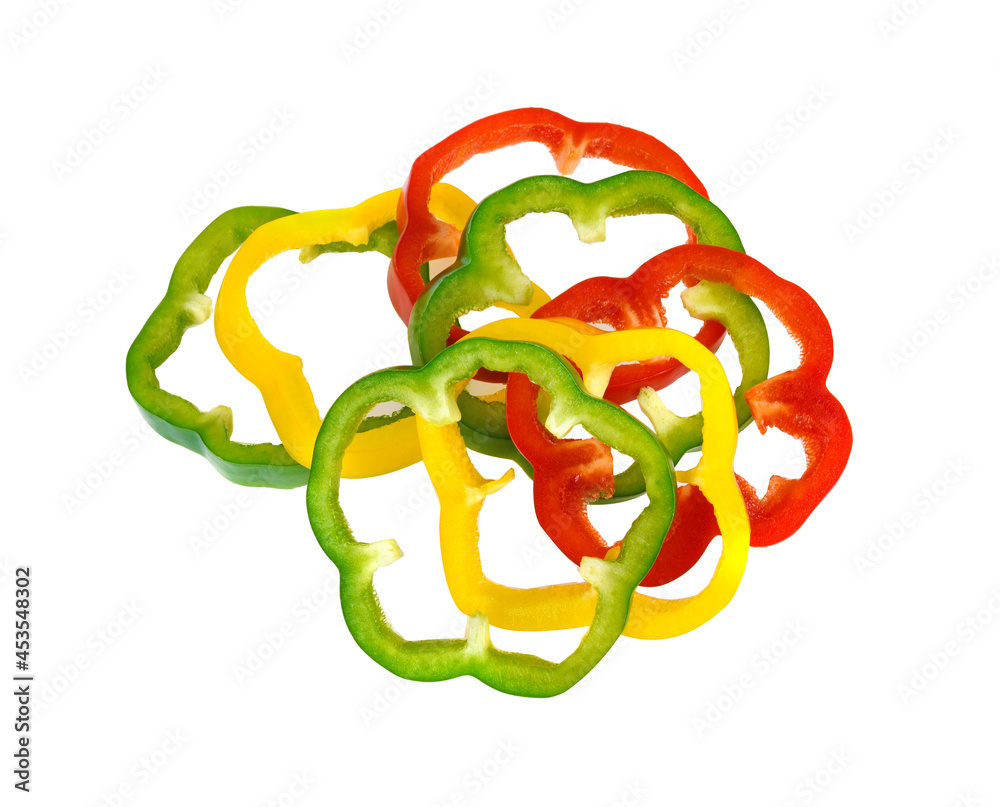 Sliced red, yellow, green bell pepper isolated on white background Sliced red, yellow, green bell pepper isolated on white background