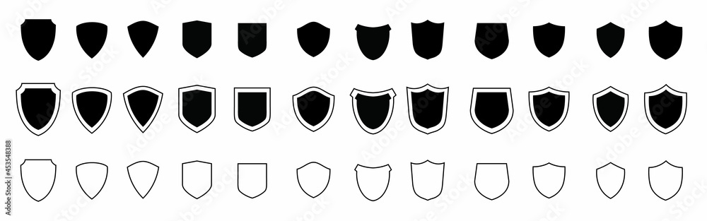 Shield black icons set. Protect shields silhouette collection. Isolated protection signs on white background. Vector illustration