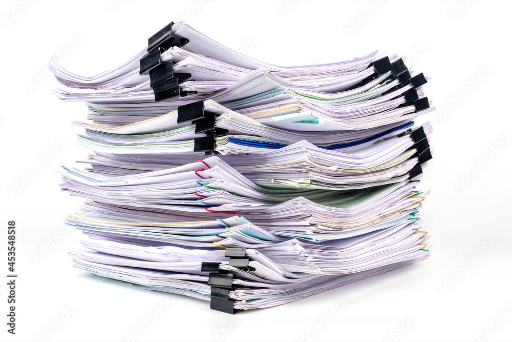 Stack of business paper isolated on white background, job interview and busy business concepts, Document pile on office desk, Overload work, Hard work, pile of papers.