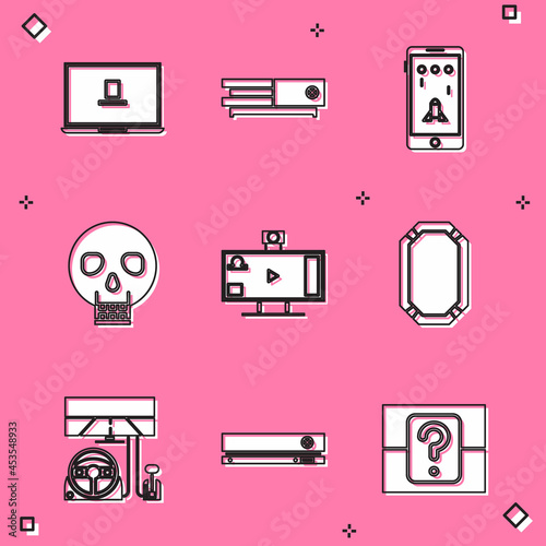 Set Laptop, Video game console, Mobile and playing in, Skull, Live streaming online, Poker table, Racing simulator cockpit and icon. Vector