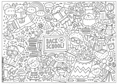 Big Coloring page Back to school - vector print in doodle style. Big coloring poster kids read books