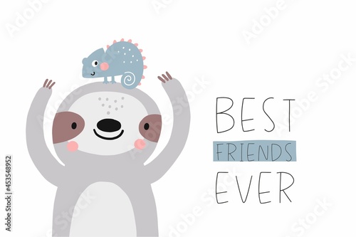 Cute sloth and chameleon - Best friends ever. Vector illustration cute animals friends characters
