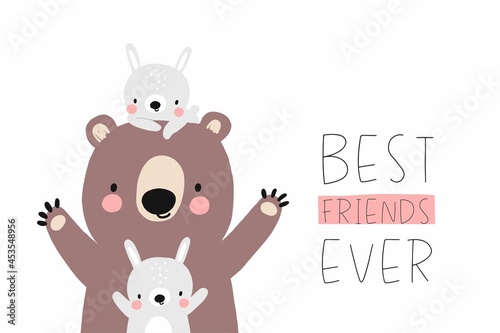 Cute bear and bunny - Best friends ever. Vector illustration cute animals friends characters
