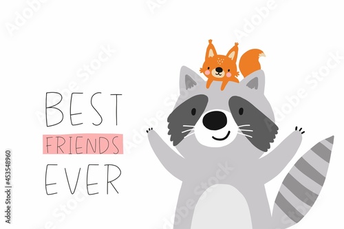 Cute raccoon and  squirrel - Best friends ever. Vector illustration cute animals friends characters
