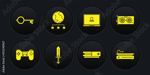 Set Gamepad, Video graphic card, Sword for game, console, Laptop, Computer network, and Ancient key icon. Vector