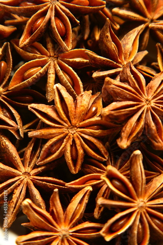 Macro, close up image of organic star anise , Indian spices. 