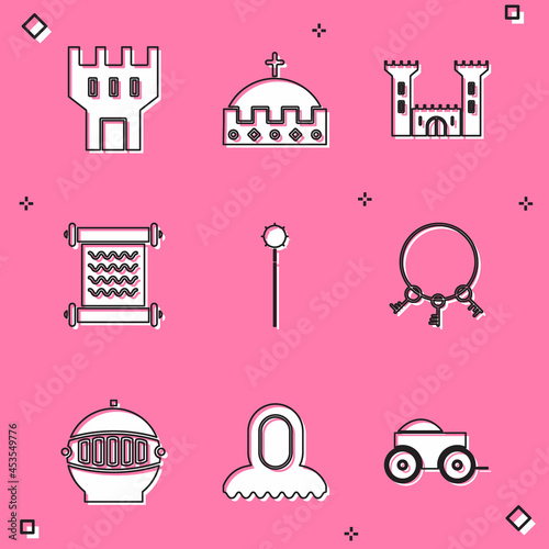 Set Castle tower, King crown, Decree, parchment, scroll, Medieval chained mace ball, Old keys, iron helmet and hood icon. Vector