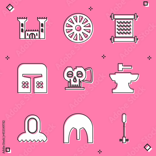 Set Castle, Old wooden wheel, Decree, parchment, scroll, Medieval iron helmet, Cup from the skull, Anvil for blacksmithing hammer, hood and icon. Vector