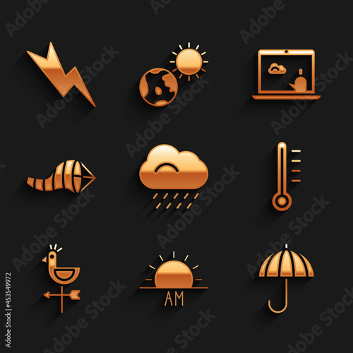 Set Cloud with rain, Sunrise, Umbrella, Meteorology thermometer, Rooster weather vane, Cone meteorology windsock wind, Weather forecast and Lightning bolt icon. Vector