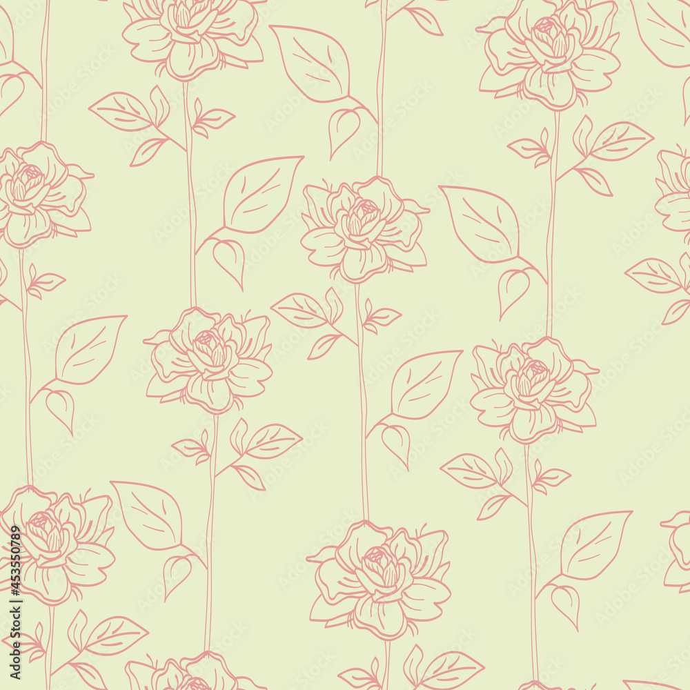 Vector seamless pattern of a rose flower with leaves. Botanical illustration. Design for prints, textile, fabric, wallpaper, paper, postcards, logos.