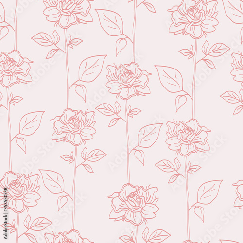Fototapeta Naklejka Na Ścianę i Meble -  Vector seamless pattern of a rose flower with leaves. Botanical illustration. Design for prints, textile, fabric, wallpaper, paper, postcards, logos.