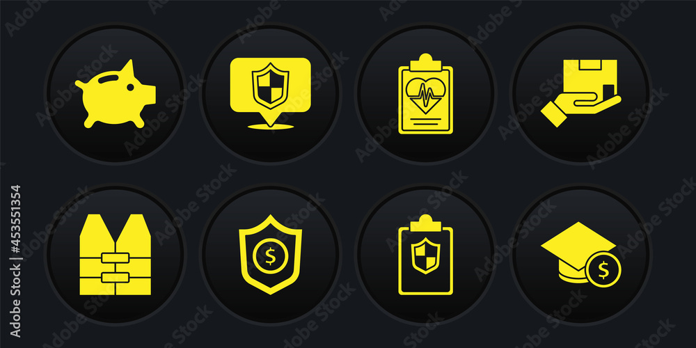 Set Life jacket, Delivery insurance, Shield with dollar, Document shield, Health, Location, Graduation cap and coin and Piggy bank icon. Vector Set Life jacket, Delivery insurance, Shield with dollar, Document shield, Health, Location, Graduation cap and coin and Piggy bank icon. Vector