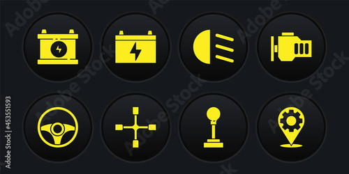 Set Steering wheel, Check engine, Wheel wrench, Gear shifter, High beam, Car battery, service and icon. Vector