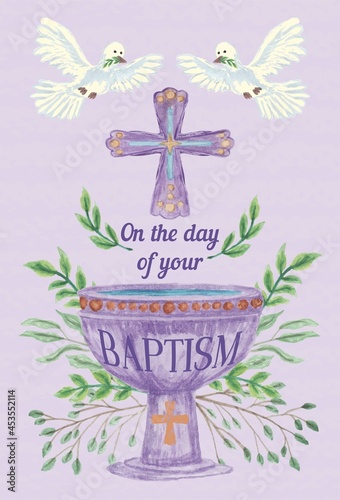 Violet baptism day card. Religious symbols (white doves, cross, baptismal bowl and green stems around) on textured background