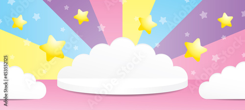 cute white cloud shape stage with stars element on sweet colorful pastel wall and pink floor 3d illustration vector scene for putting your object 
