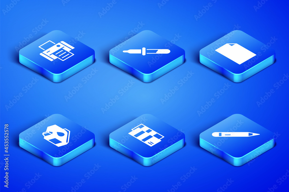 Set Pencil with eraser, Printer, Pantone, ink cartridge, Pipette and Empty document icon. Vector Set Pencil with eraser, Printer, Pantone, ink cartridge, Pipette and Empty document icon. Vector