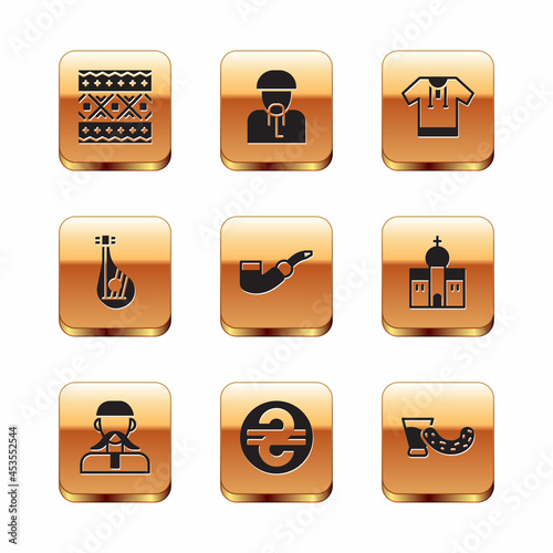 Set Ukrainian ethnic pattern, cossack, hryvnia, Smoking pipe, Bandura, Embroidered shirt, Glass with vodka and icon. Vector