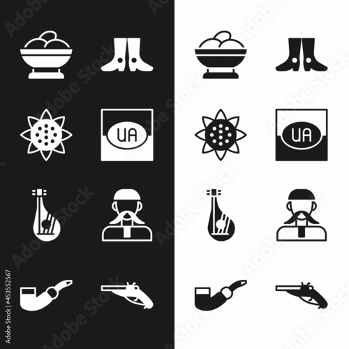 Set Flag of Ukraine, Sunflower, Varenyky bowl, Ukrainian footwear, Bandura, cossack, Vintage pistols and Smoking pipe icon. Vector