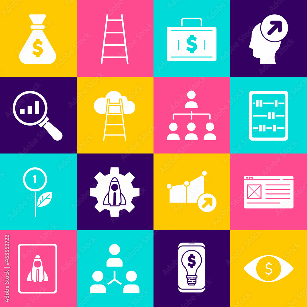 Set Eye with dollar, Browser window, Abacus, Briefcase and money, Stair finish flag, Magnifying glass analysis, Money bag and Hierarchy organogram chart icon. Vector Set Eye with dollar, Browser window, Abacus, Briefcase and money, Stair finish flag, Magnifying glass analysis, Money bag and Hierarchy organogram chart icon. Vector