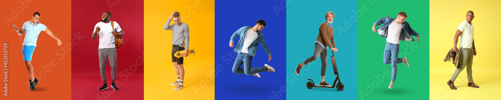 Set of stylish men on color background