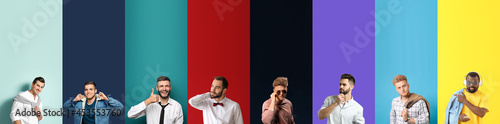Set of stylish men on color...