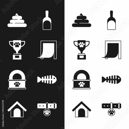Set Door for pet, Pet award, Shit, Dustpan, Canned food, Fish skeleton, Collar with name tag and Dog house icon. Vector