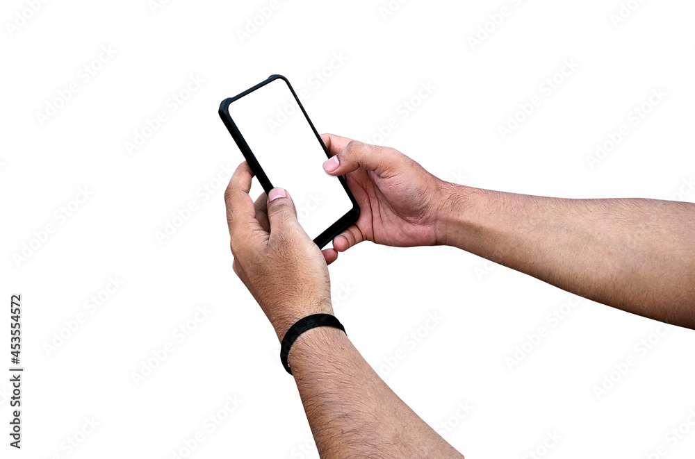 Man holding smartphone with blank screen on white background, closeup of hand. Space for text Man holding smartphone with blank screen on white background, closeup of hand. Space for text