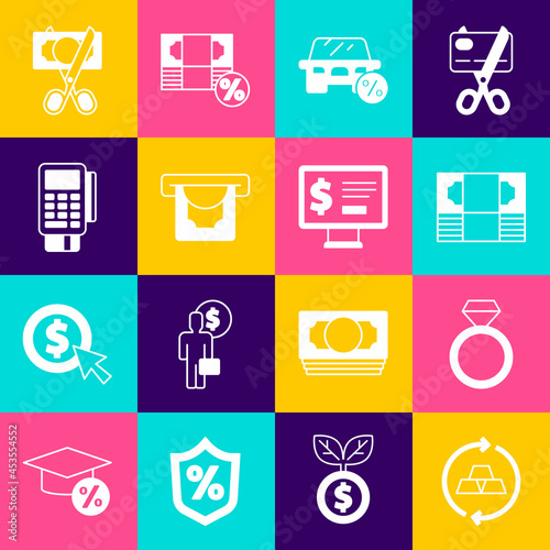 Set Gold bars, Diamond engagement ring, Stacks paper money cash, Car leasing percent, ATM and, POS terminal with credit card, Scissors cutting and Monitor dollar icon. Vector