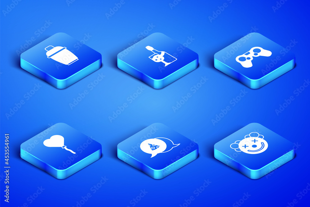 Set Clown head, Cocktail shaker, Slice of pizza, Balloons in form heart, Champagne bottle and Gamepad icon. Vector Set Clown head, Cocktail shaker, Slice of pizza, Balloons in form heart, Champagne bottle and Gamepad icon. Vector