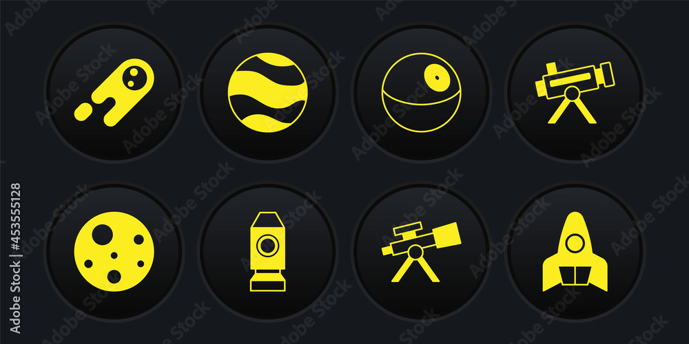Set Planet Mars, Telescope, Rocket ship, and Comet falling down fast icon. Vector