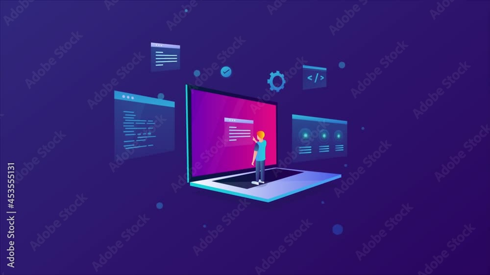 Web development, coding, programming, internet technology, software application concept. 3d style isometric animation 4k video clip.