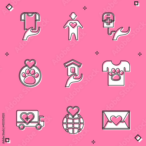 Set Clothes donation, Volunteer, Blood, Heart with animals footprint, Shelter for homeless, Animal volunteer, Humanitarian truck and Hand holding Earth globe icon. Vector