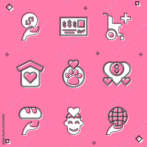 Set Donation and charity, Bank check, Wheelchair for disabled person, Shelter homeless, Heart with animals footprint, food and Volunteer icon. Vector