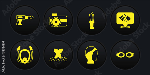 Set Diving mask with snorkel, Flippers for swimming, Whale tail, hood, knife, Photo camera diver, Glasses and Fishing harpoon icon. Vector