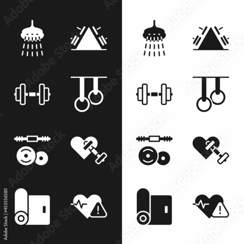 Set Gymnastic rings, Dumbbell, Shower, Metal rack with weight, Barbell, heart, Heart rate and Fitness mat roll icon. Vector