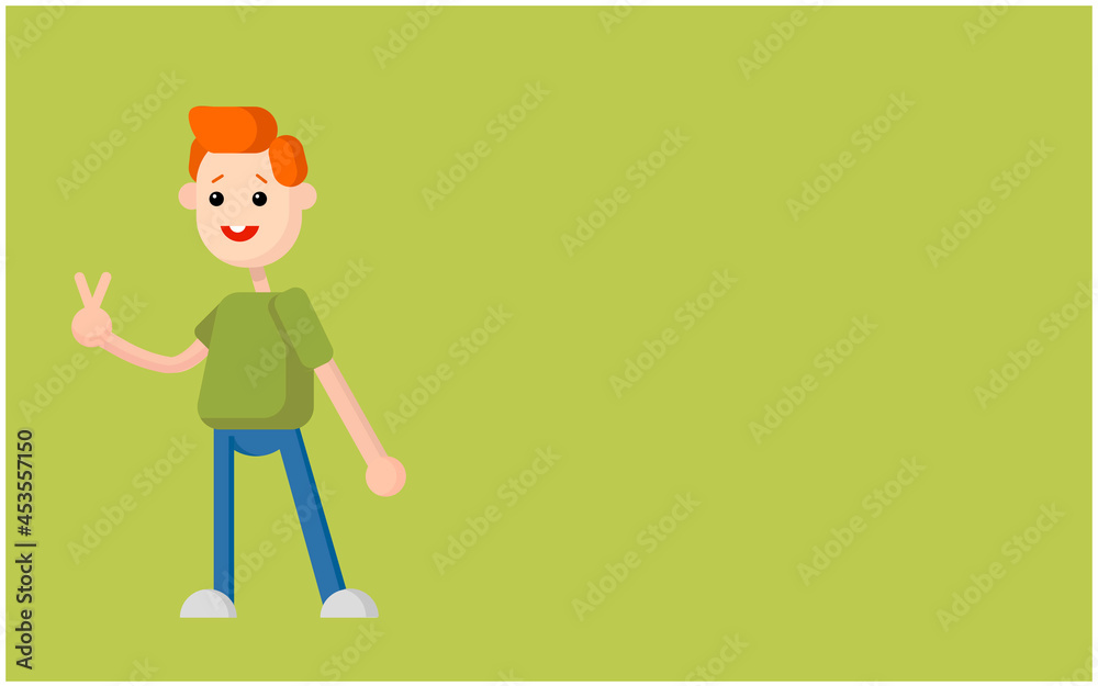 Flat illustration boy on a green field template for banners and texts